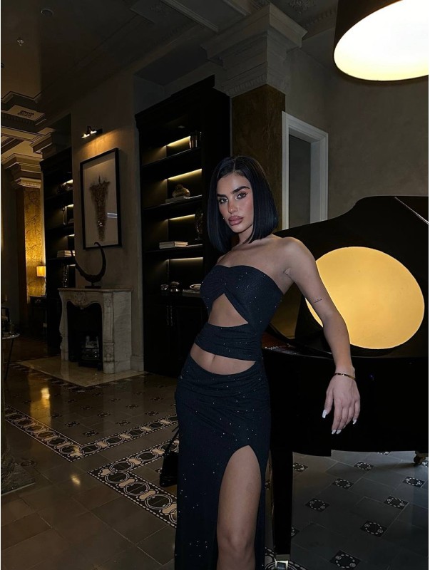 Μαύρο Στράπλες Μάξι Φόρεμα Με Ανοίγματα